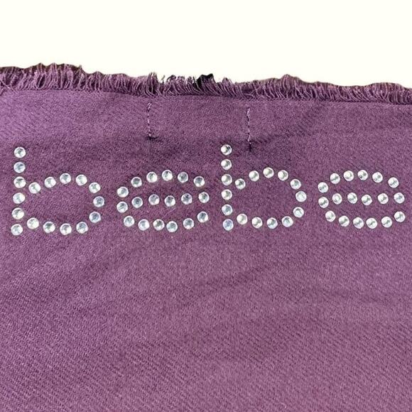 Bebe Cozy Soft Raw Edge Rhinestone Crystal Logo Scarf 68X20 Maroon Purple 68X20 - Picture 5 of 14